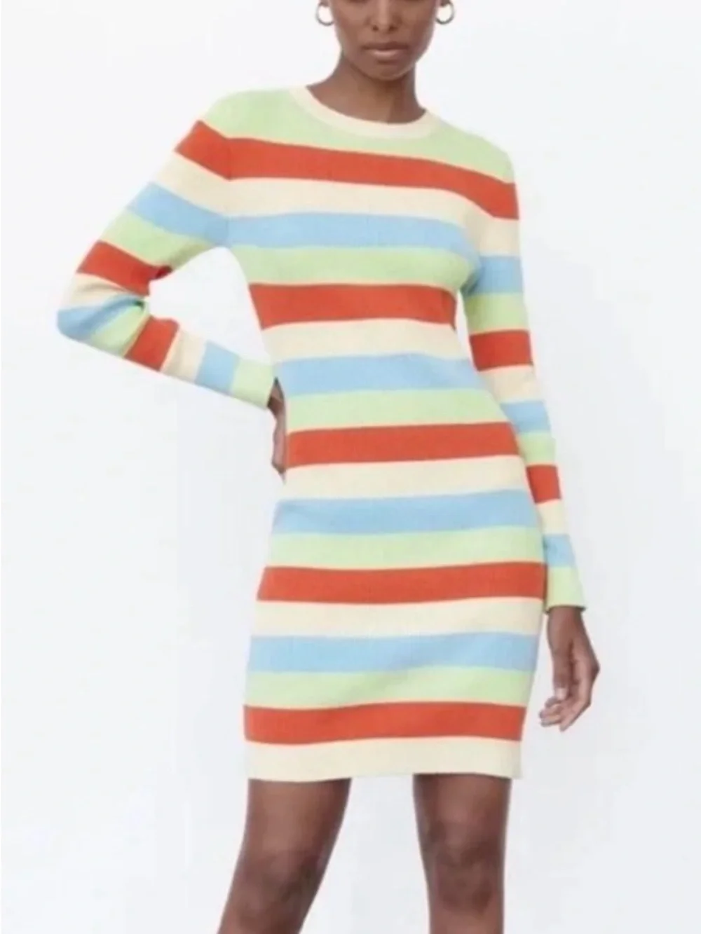 ZARA Multi-Color Striped Ribbed Knit Mini Dress Long Sleeve - Small ZARA Multi-Color Striped Ribbed Knit Mini Dress Long Sleeve - Small